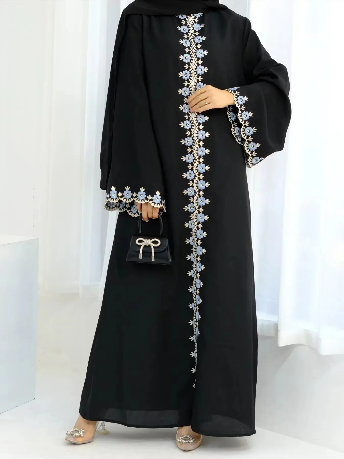 

Ид мусульманское женское вечернее платье Абая для Рамадана с цветочной вышивкой, длинные абайи, марокканский кафтан, Vestidos Largos Dubai Robe Jalabiya