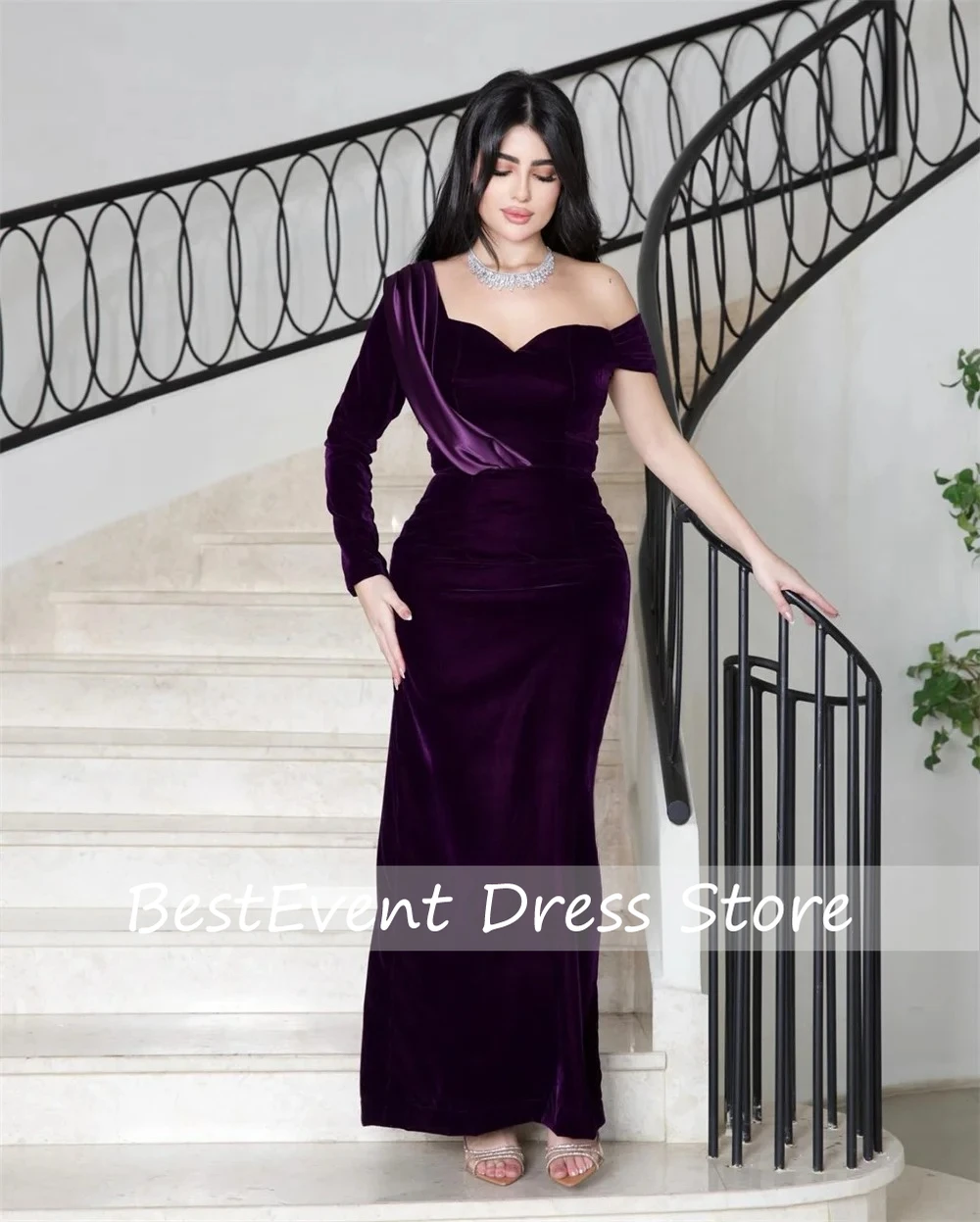 

Customized High Quality Purple Off Shoulder Pleat Straight Evening Party Gown Floor Length Sheath Bespoke Occasion Evening Dress