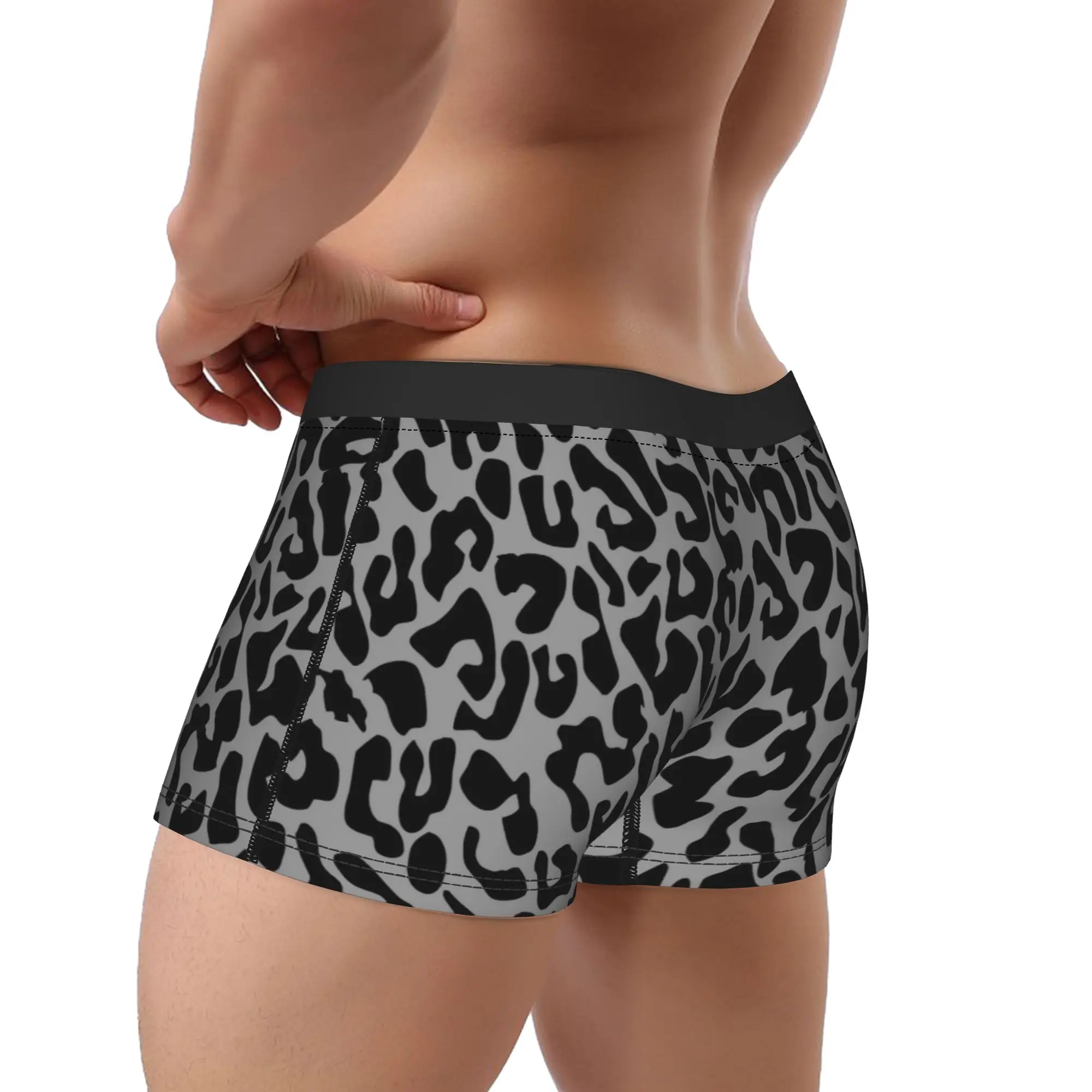 Roupa interior longa de leopardo preto masculino chita animal engraçado boxer briefs shorts calcinha masculina macia plus size