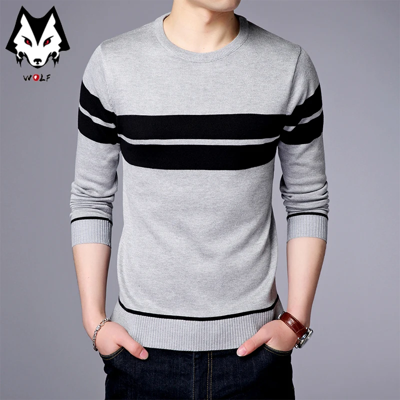 Men\'s Casual Striped Knit Spring and Autumn Long Sleeved Pullover Fashion Top