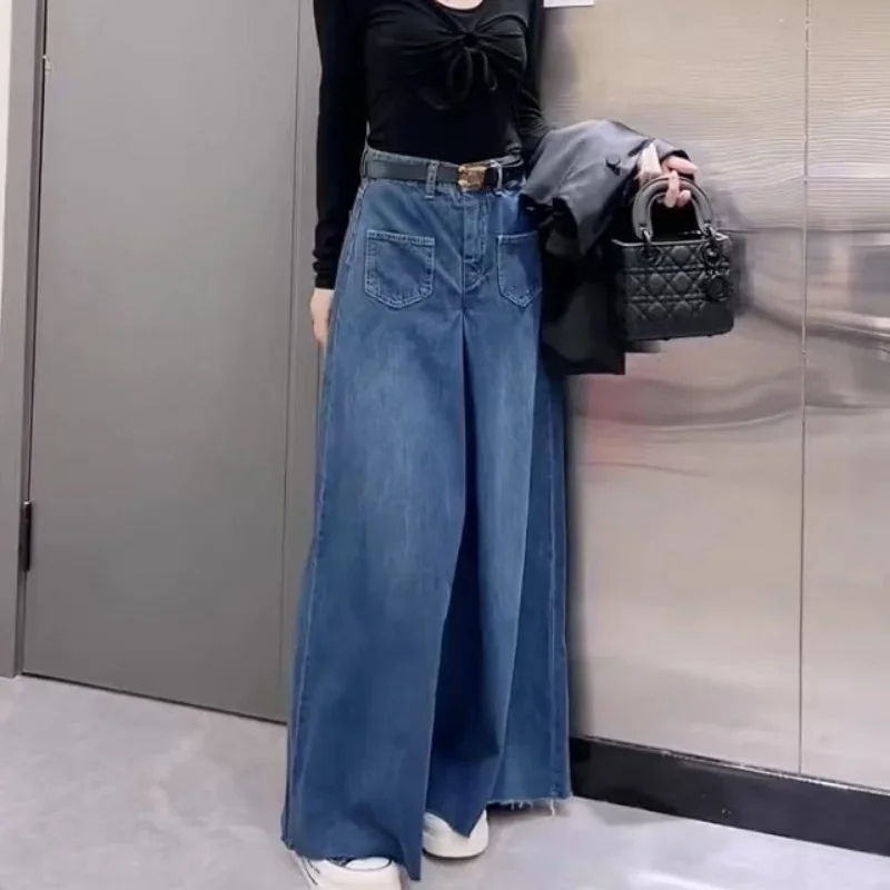 Retro Loose Super Wide-leg Jeans Women\'s 2024 Spring New Design Rough Edge Culottes Drape Floor Pants Women\'s Clothing Simple