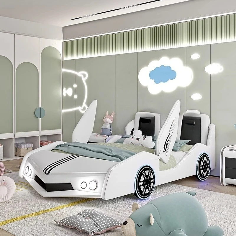 سرير سيارة من الخشب الصلب للأطفال للأولاد مفرد 1.5 تخزين إبداعي للأولاد مع سرير سيارة رياضي للفتيات الكرتونية