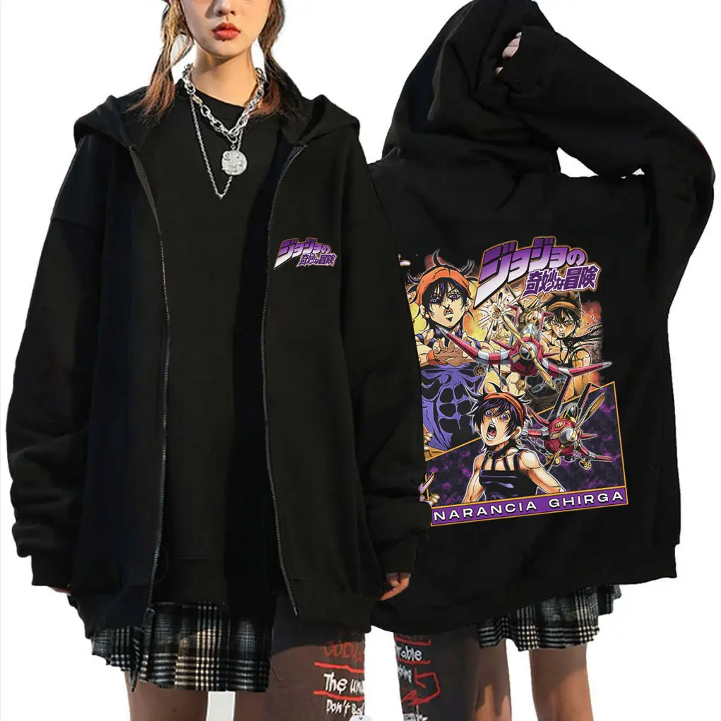 أنيمي جوجو مغامرة غريبة Narancia Ghirga الجرافيك قلنسوة بسحاب الرجال النساء الملابس الكرتون مانغا المتضخم زمم سترة