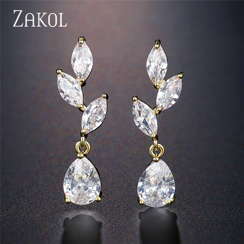 ZAKOL White Color Flower Shape Zircon Water Drop Crystal Pendant Dangle Earrings For Women Bridal Wedding Jewelry EP2469