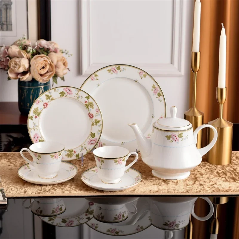 Japanese Retro Peony Flower Ceramic Double Coffee Cup and Saucer Set Afternoon Tea Cup Teapot 8in/10in Double Plate Gift Box
