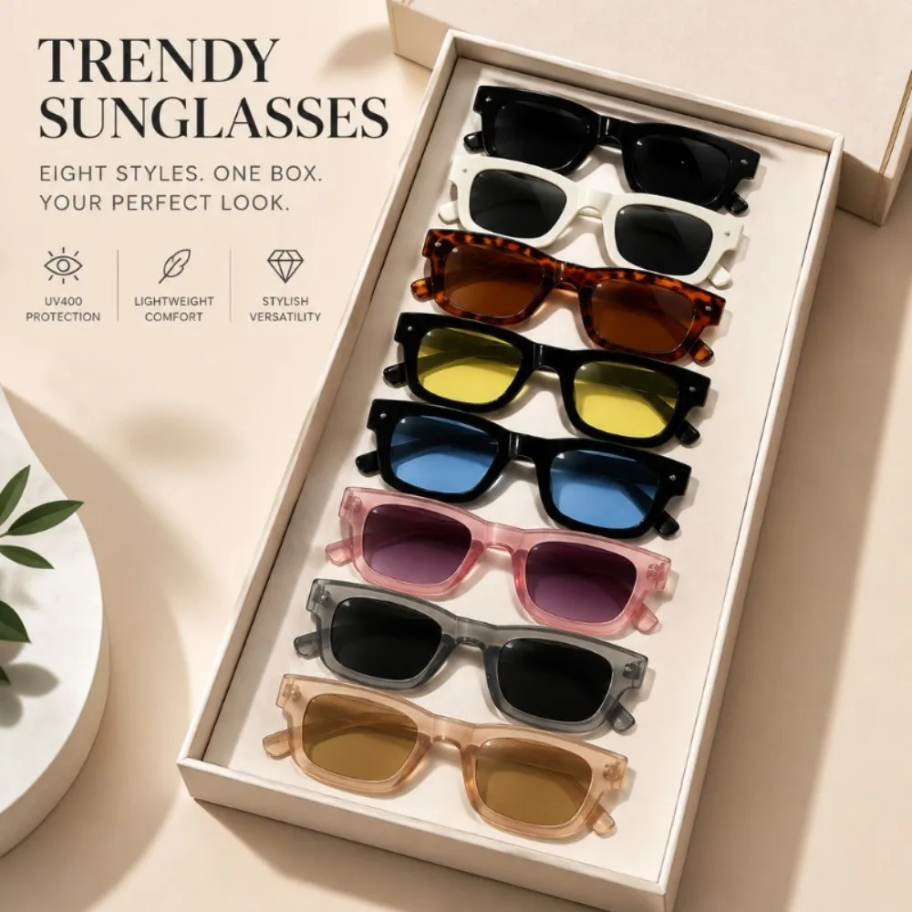 8 Pairs of Unisex Retro Square Sunglasses Set Stylish Retro Rectangular Frame Sunglasses Suitable for Halloween Parties, Beach Vacations, Travel Photo Props and Daily Clothing Can Be Used As Gifts for Men and Women