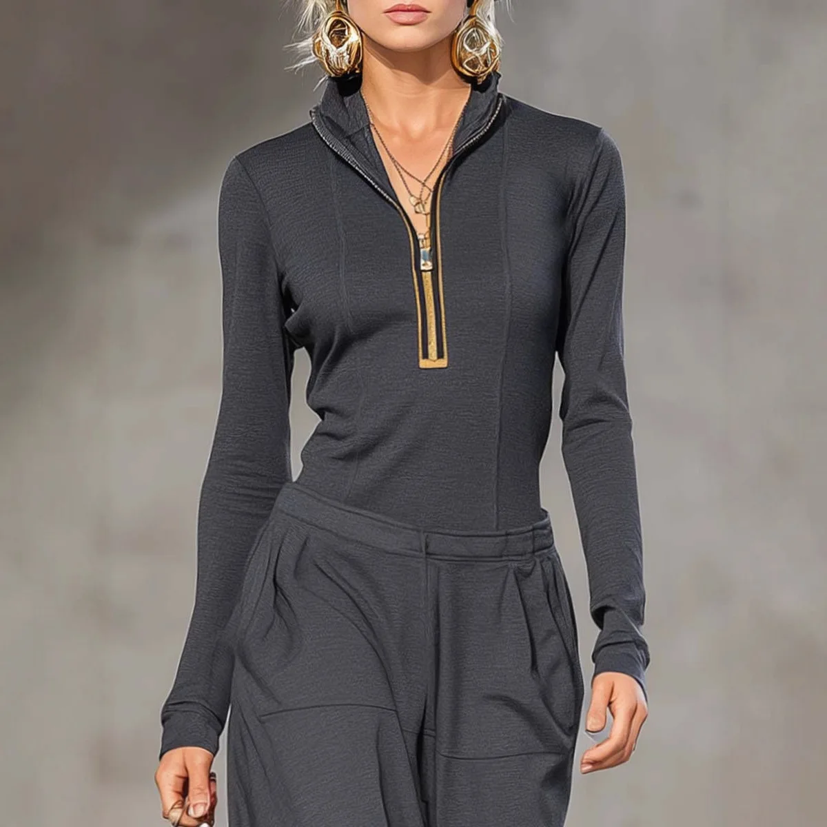 Woman Long Sleeve Slim Straight Overalls Suit Elegant Stand Collar Zipper Top Pullover & Wide Leg Pants Sets Solid Autumn Outfit