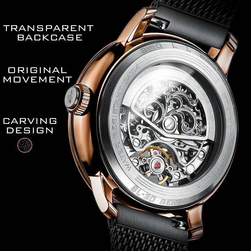 SOLLEN flambant neuf haut de gamme mode montre mécanique creuse hommes en acier inoxydable étanche luxe automatique squelette montres hommes