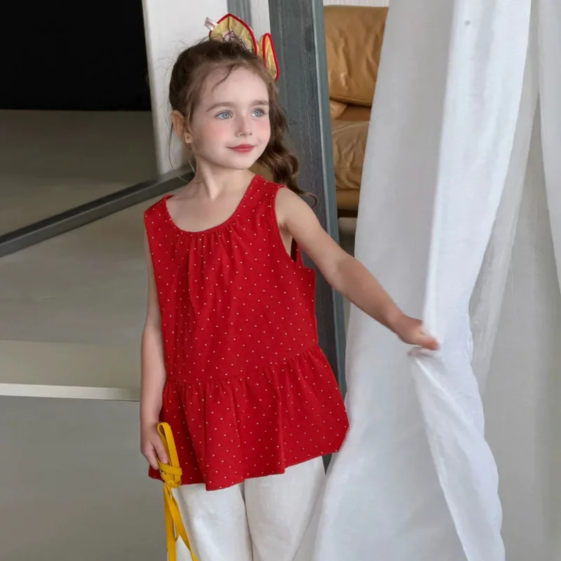 Girl Red Polka Dot Vest Sleeveless Tshirt 26 Spring Summer Children Kid Clothes Cuasal Baby Toddler Tie-String Top 3-12 Year