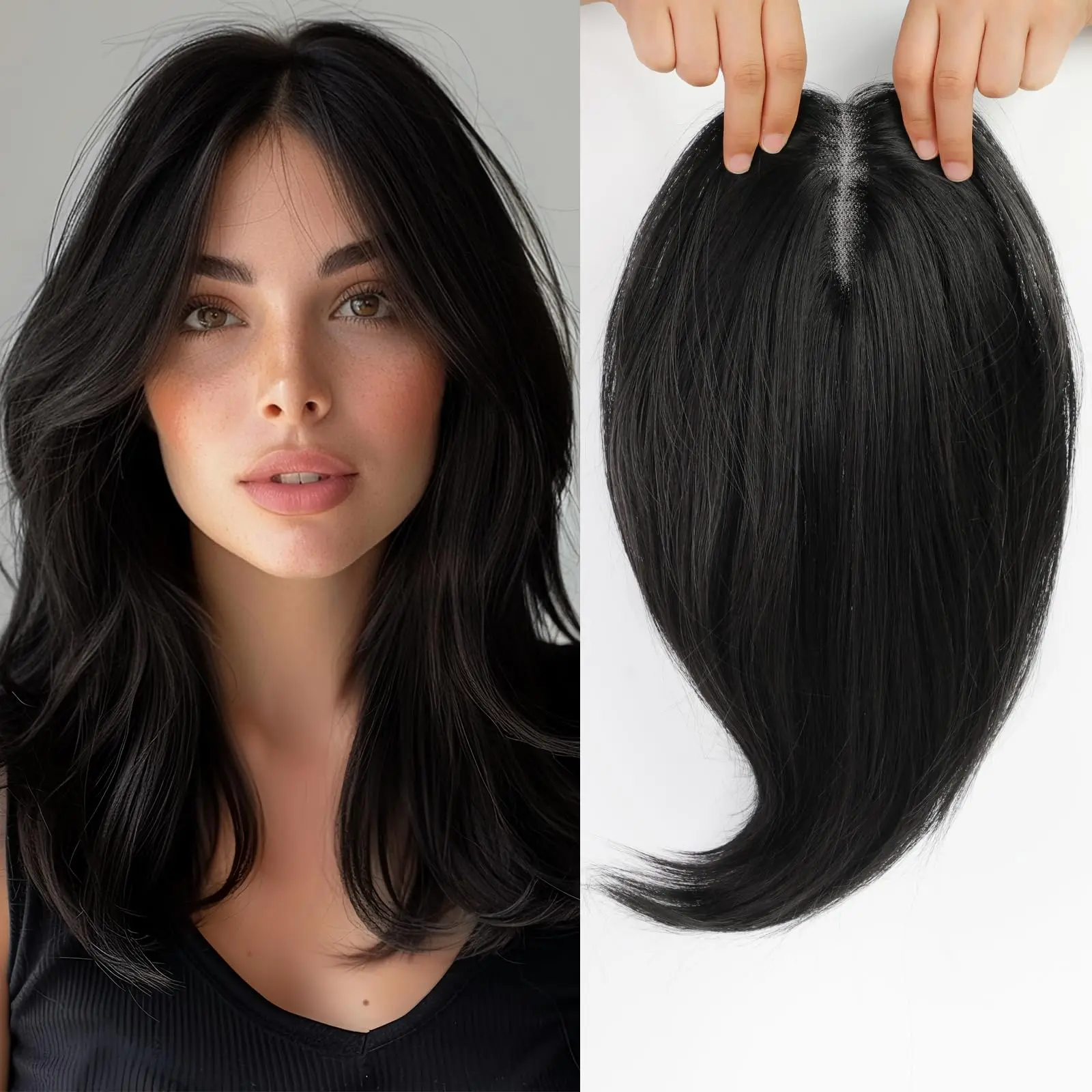 Breathable Human Hair Topper for Women 35 cm Black Hairpiece with Poly Skin Base & Adjustable Clips In Hair Wig For Woman