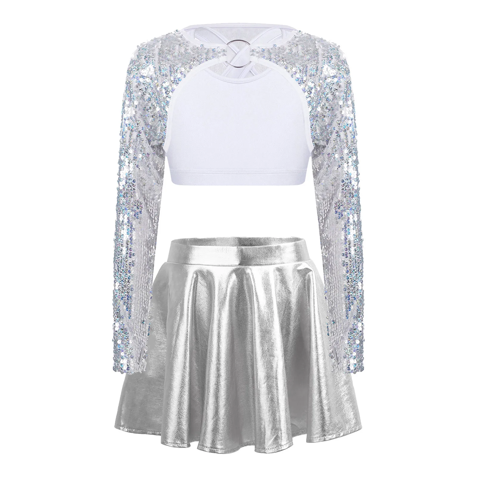 Girls Jazz Dance Outfit Cross Back Vest with Glittery Sequin Bolero Shrug Long Sleeve Crop Top Metallic Skirt Party Dancewear