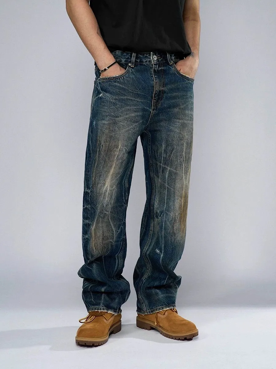 【HME】Men's Jeans | Vintage Mud‑Wash Cracked Denim Pants For Men, Heavy‑Duty Wrinkle Faded Washed Denim Jeans, Loose Straight Wide‑Leg Male Denim Trousers, Elastic Back Waist Denim Bottoms, Raw‑Edge Hem Denim For Retro Street Wear
