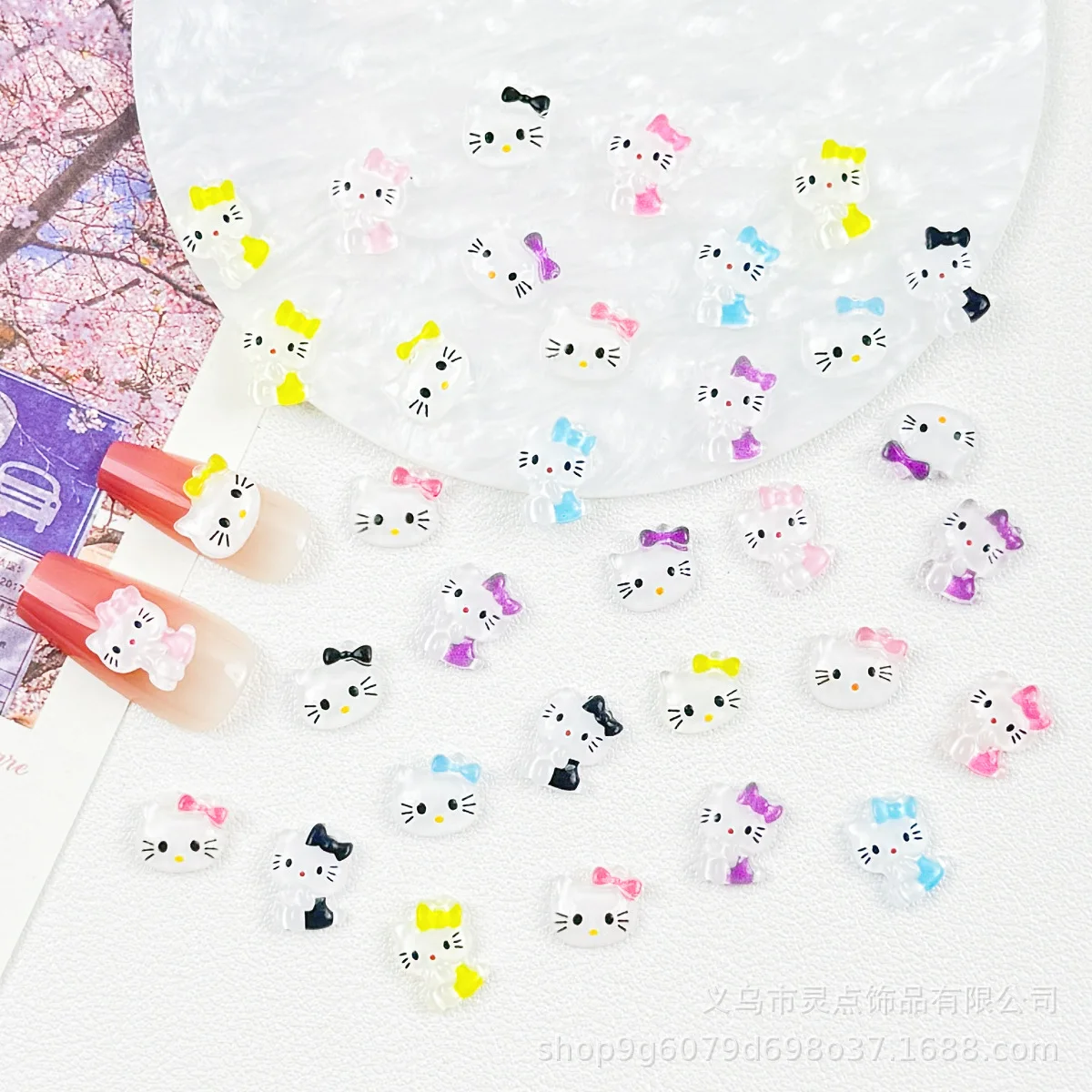 50PCS Cute Hello Kitty Resin Nail Charms 3D Colorful Bow KT Cat Nail Decorations DIY Manicure Accessories for Nail Art