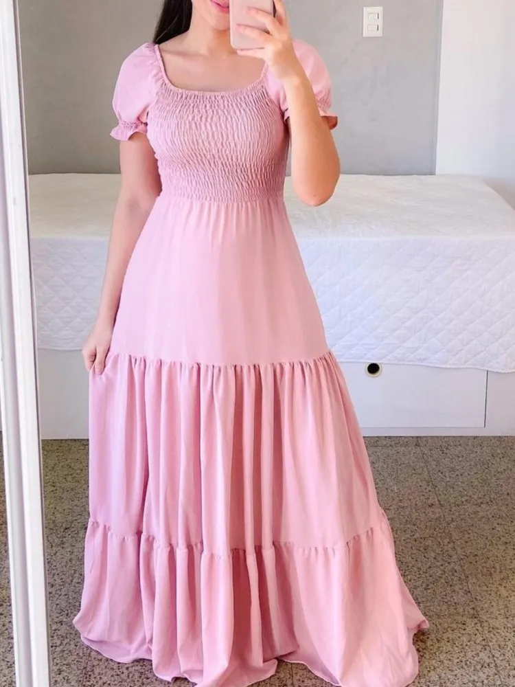 New Women's Boho Floral Dress Spring Summer European American Women's Clothing Off-shoulder Fragrant Long Solid Color Dress