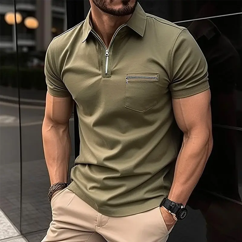 Summer Traveling Men\'s Casual Short-Sleeved Polo Shirt Chest Zipper Pocket T-Shirt Men\'s Breathable Polo Shirt Men\'s Clothing