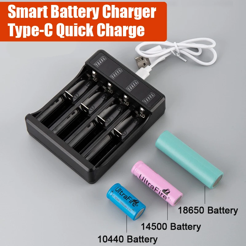 3.7V/4.2V Rechargeable Lithium Battery Charger 14500 18650 Universal Type-C Quick Charge Smart Overcharge Protection Charger