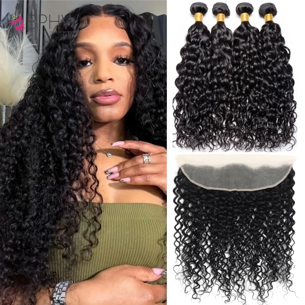 Brazilian 12A Water Wave Remy 100% Human Hair 3 Bundles With 13x4 Frontal Hair Extensions Natural Color Virgin Hair 30Inch BPHW