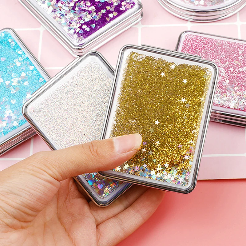 Sequined areia movediça espelho compacto redondo/retângulo espelho de maquiagem dobrável mini espelho de bolso portátil espelho de mão dupla face