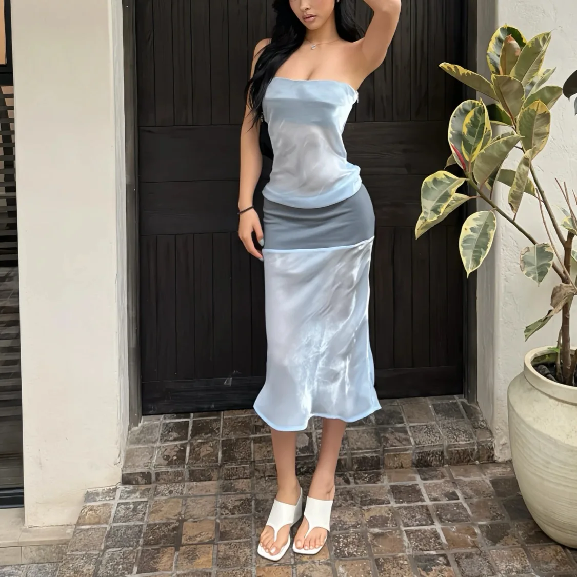 Ocean Blues Flowing Fabric Custom-Dyed Built-In Strapless Wrap around Long Dress Slim Fit Style Ins Wind Summer Season Ladies...