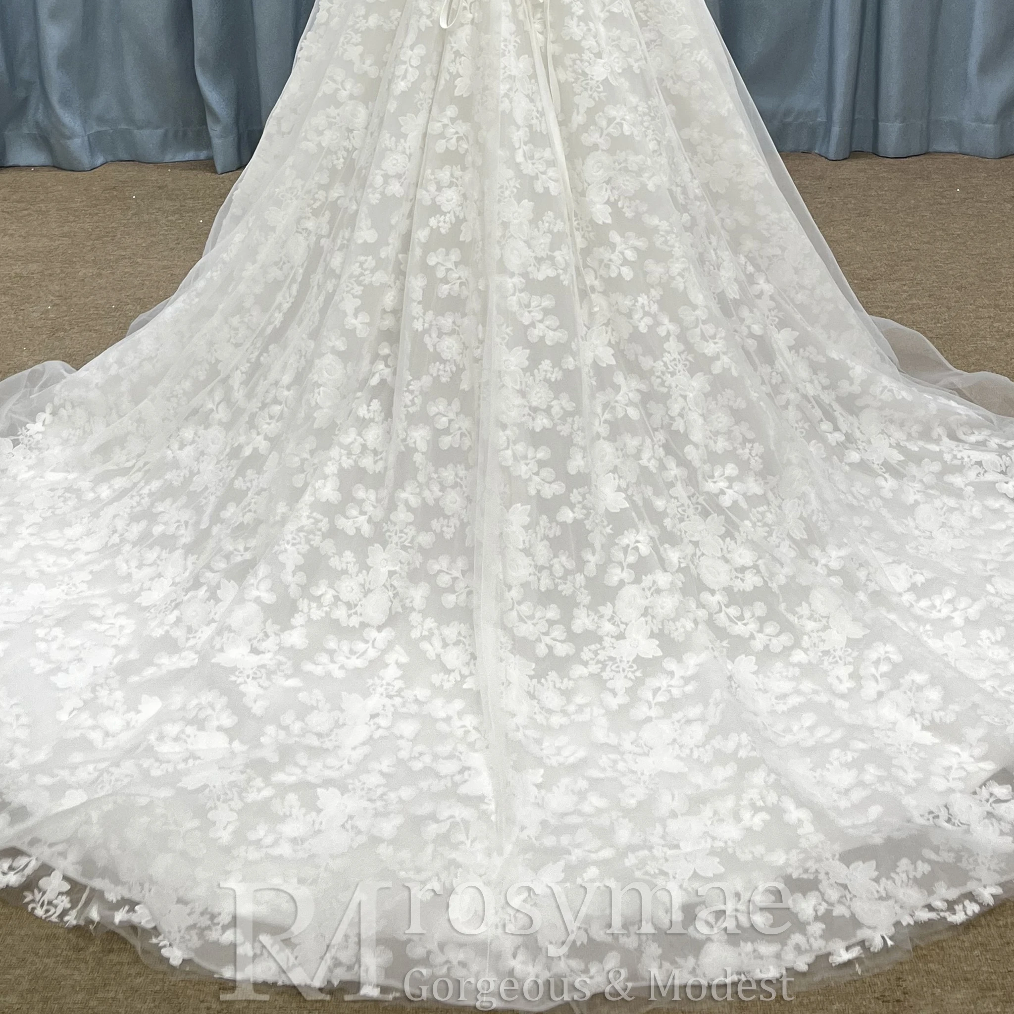 Rosymae خارج على الكتف الأزهار الدانتيل الكرة ثوب الزفاف فستان أنيق كم طويل فستان زفاف أبيض vestidos de boda para fiestas