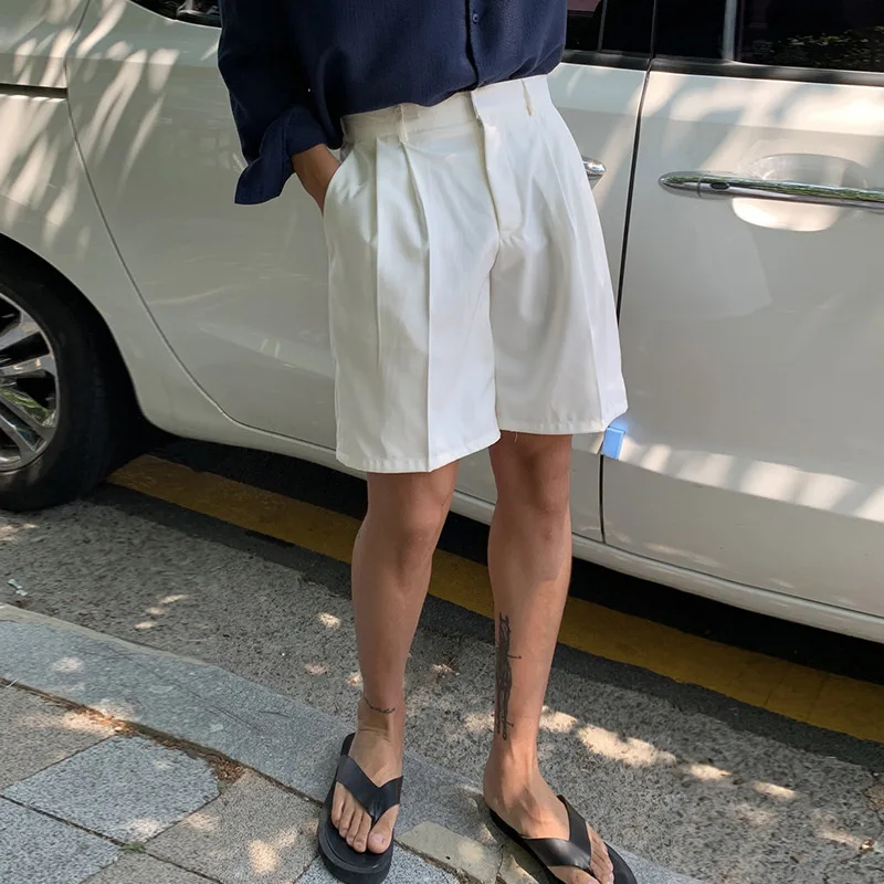 

Summer Korean Style Fashion Men's Straight Elastic Waist Solid Color White Grey Simple Basic Casual Knee Length Suit Trousers