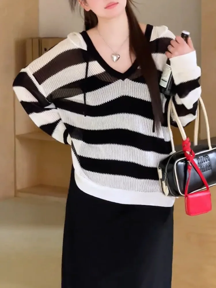 

Korean Design Striped V-Ne Knitwear Autumn New plus Size Ele Versatile Slimming Top Women's Faion Casual Comfortable