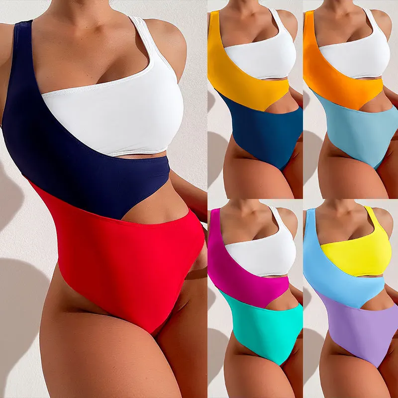 

2024 new European and American sexy contrasting color one-piece swimsuit ins style conservative bikini