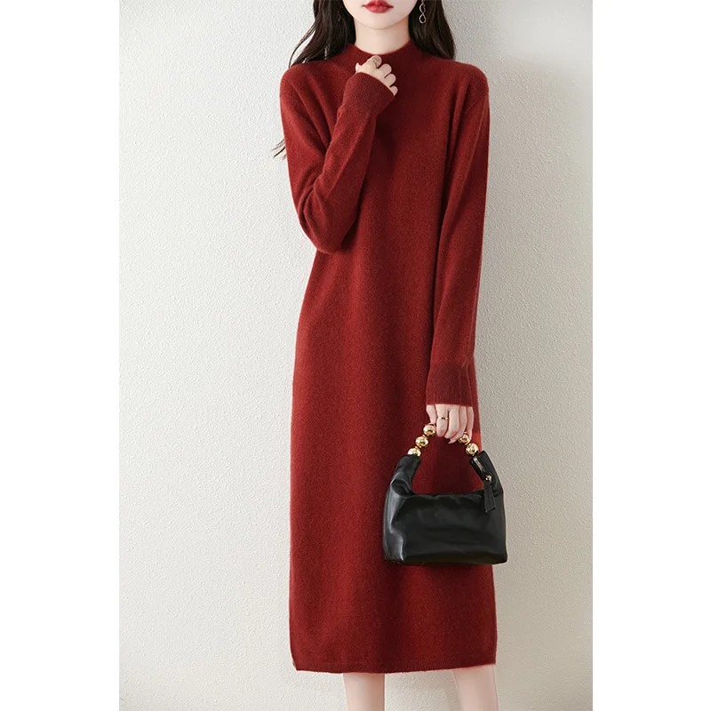 100% merino wool women's knitted dress, casual, warm, fashionable, half turtleneck, long style, 2024 autumn and winter new style