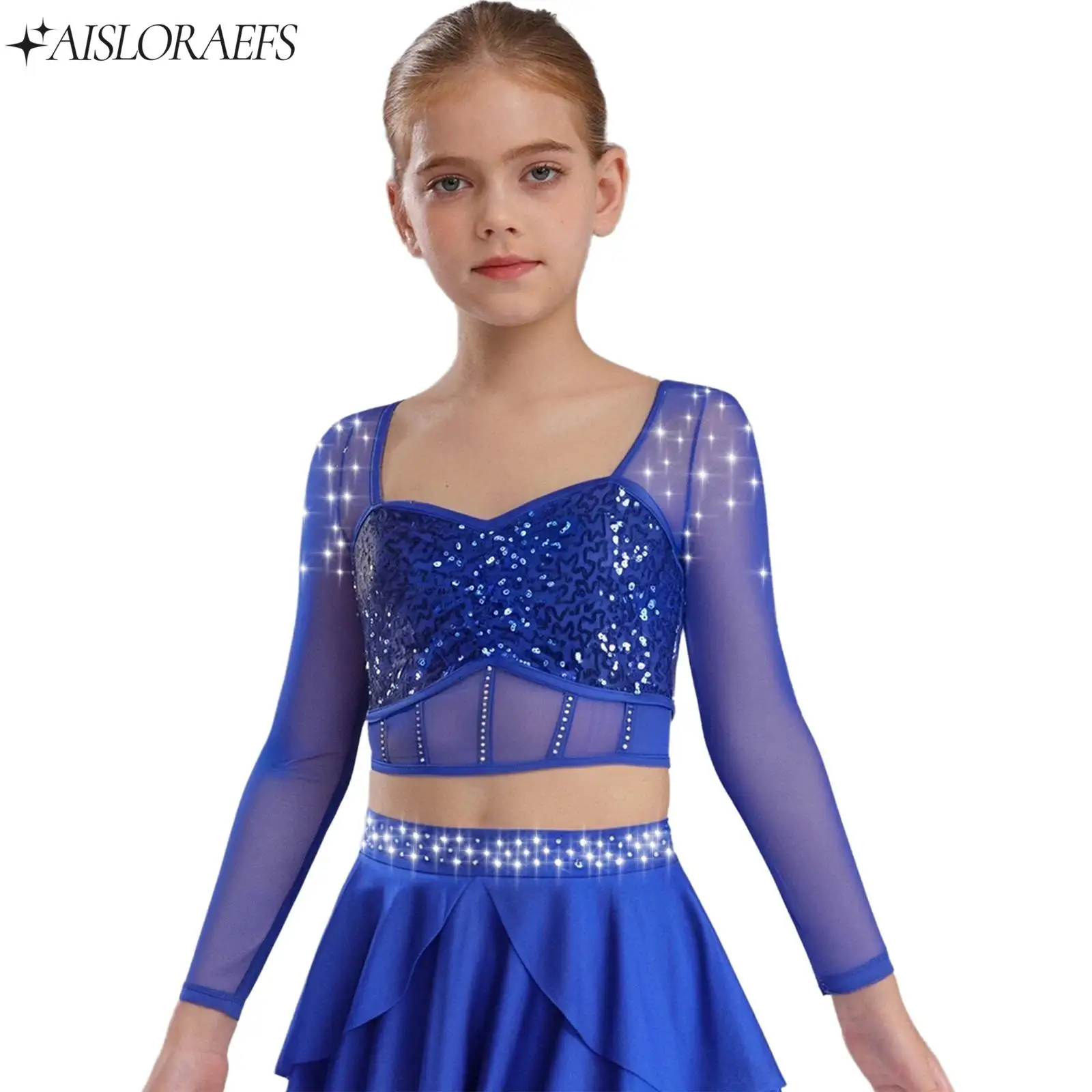 

Kids Girls Ballet Lyrical Modern Dance Performance Costume Sheer Mesh Long Sleeve Shiny Sequins Rhinestones Crop Top Dancewear