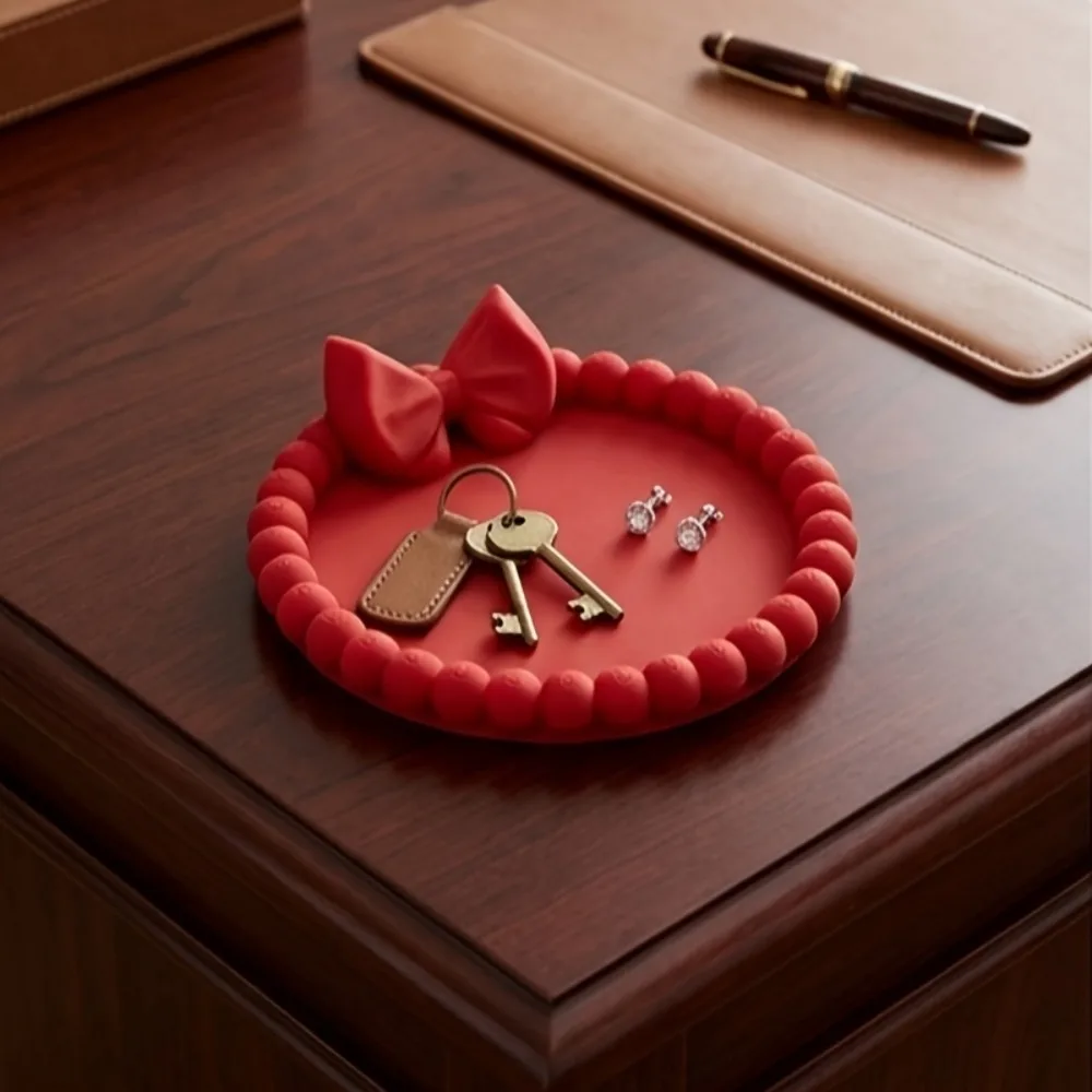 Red Bow Jewelry Storage Tray Cute Circular Desktop Tray Ring Earring Necklace Storage Dressing Table Decoration Ornaments