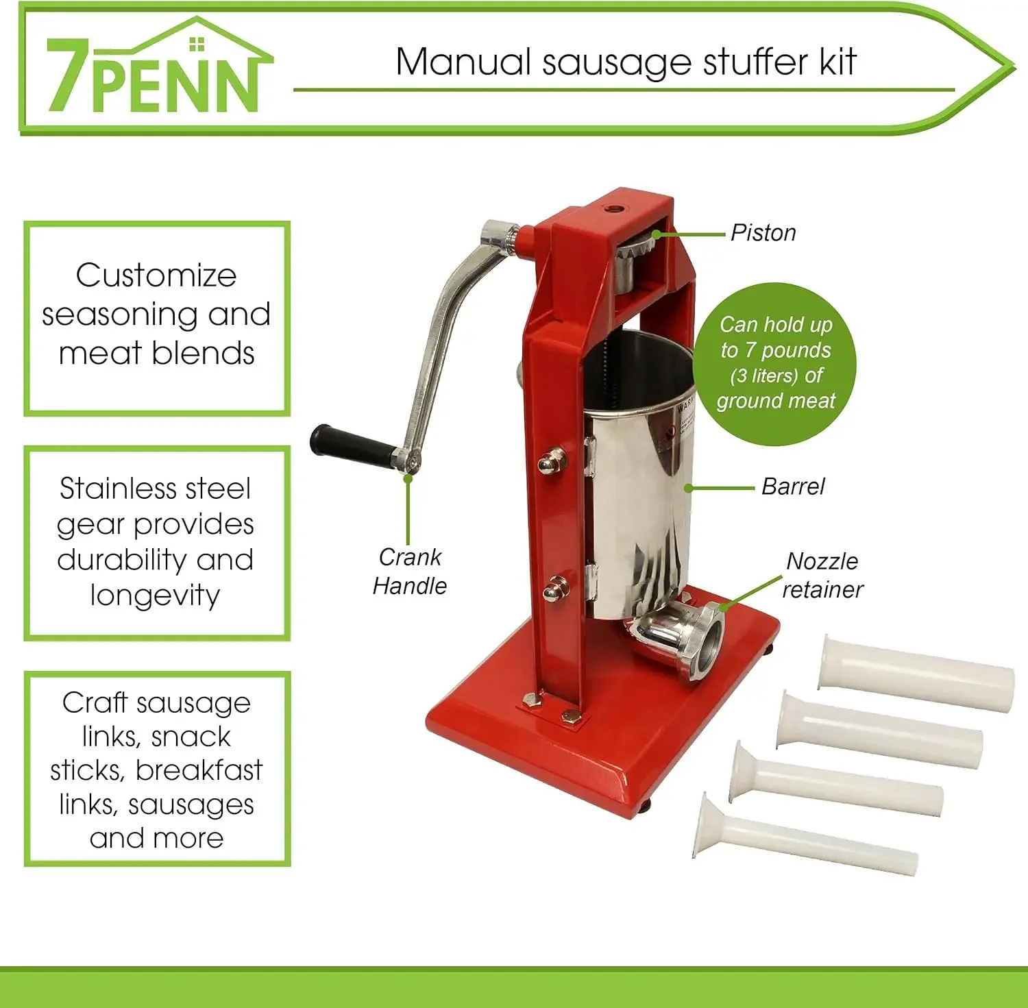 Vertical Meat Stuffer – 3L Sausage Stuffer Machine with Vertical Stuffer Nozzles, Manual Sausage Press Machine