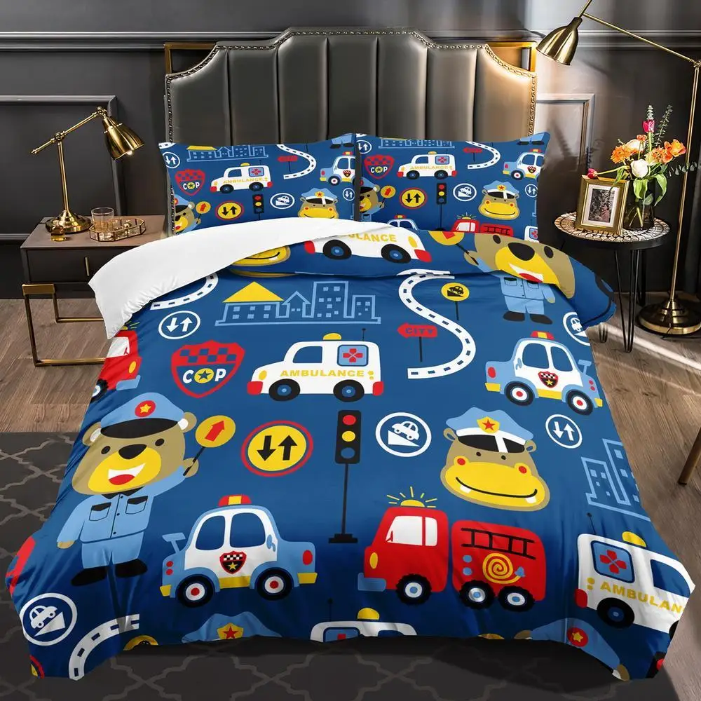 3pcs Car Duvet Cover Set Fashionable Classic Popular Cartoon Construction Vehicle Bedding Soft Comfortable Suitable for Home
