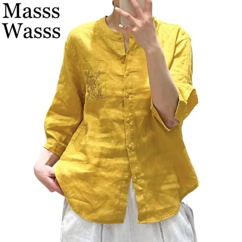 

Masss Wasss Spring Vintage O Neck Cotton Linen Tops Womens Classic Fashion Soild Shirts Females British Design Leisure Blouses