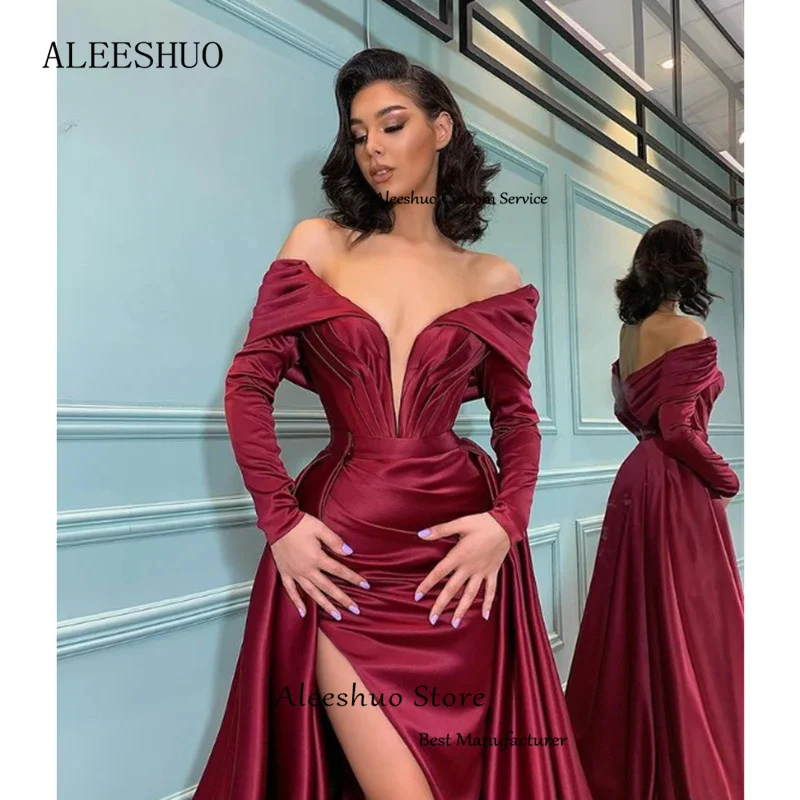 Aleeshuo junoesque Ballkleider mit V-Ausschnitt Satin Seitens chlitz Party Langarm formelle Abschluss ball Party kleider von der Schulter Abendkleid