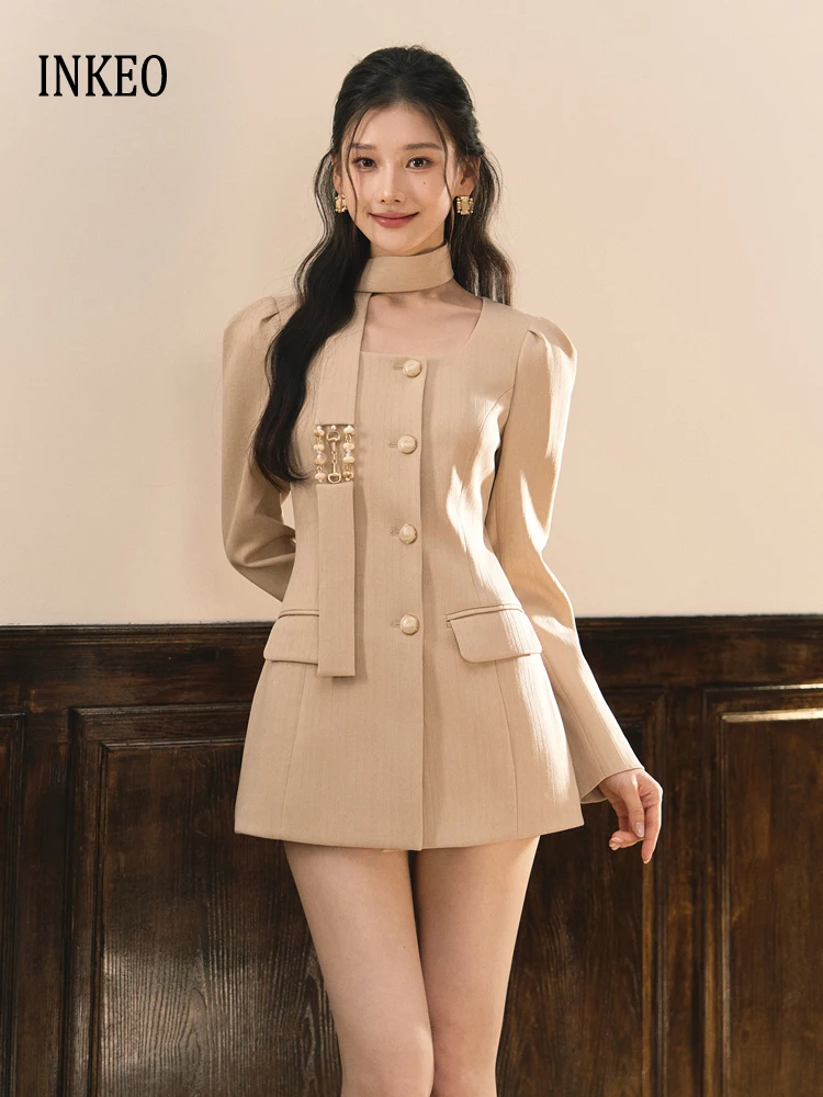 Korean Women's Long puff sleeve blazer dress with sashes 2025 Spring Khaki Elegant Pearl single breasted jacket Slim INKEO 4D158