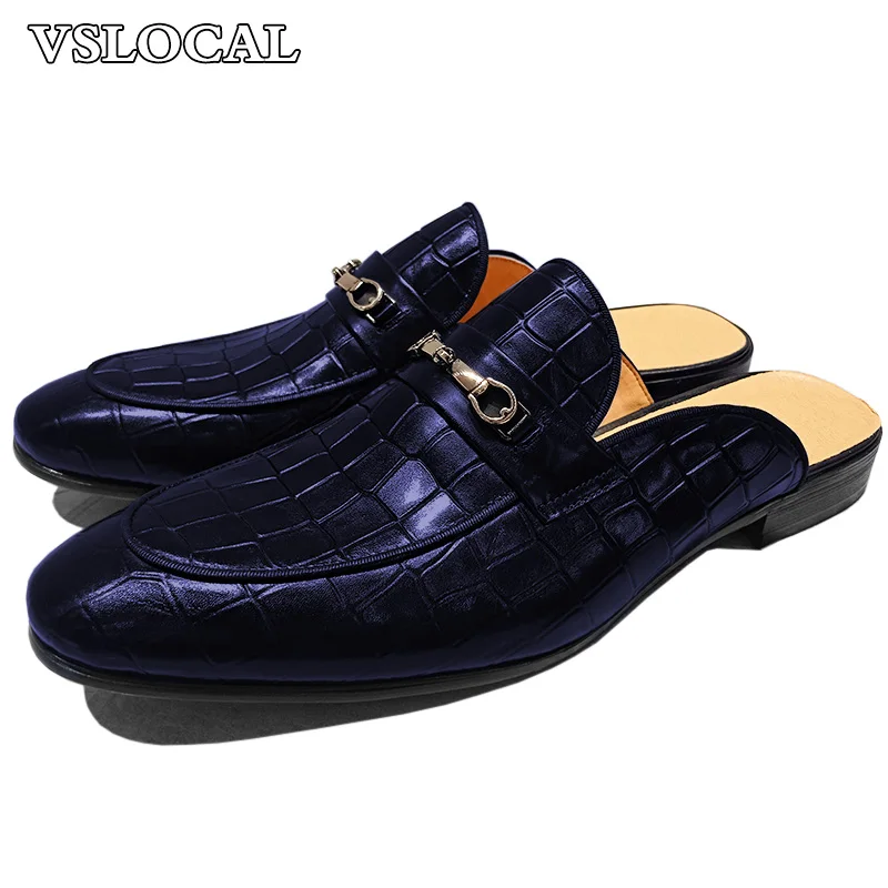 

Luxury Brand Men's Half Shoes Black Blue Causal Mens Dress Shoes Summer Slip On Breathable Genuine Leather Shoes For Men