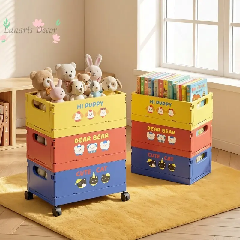 Cartoon Foldable Storage Basket with Wheels Removable Toys Sundries Snacks Organizing Box Household