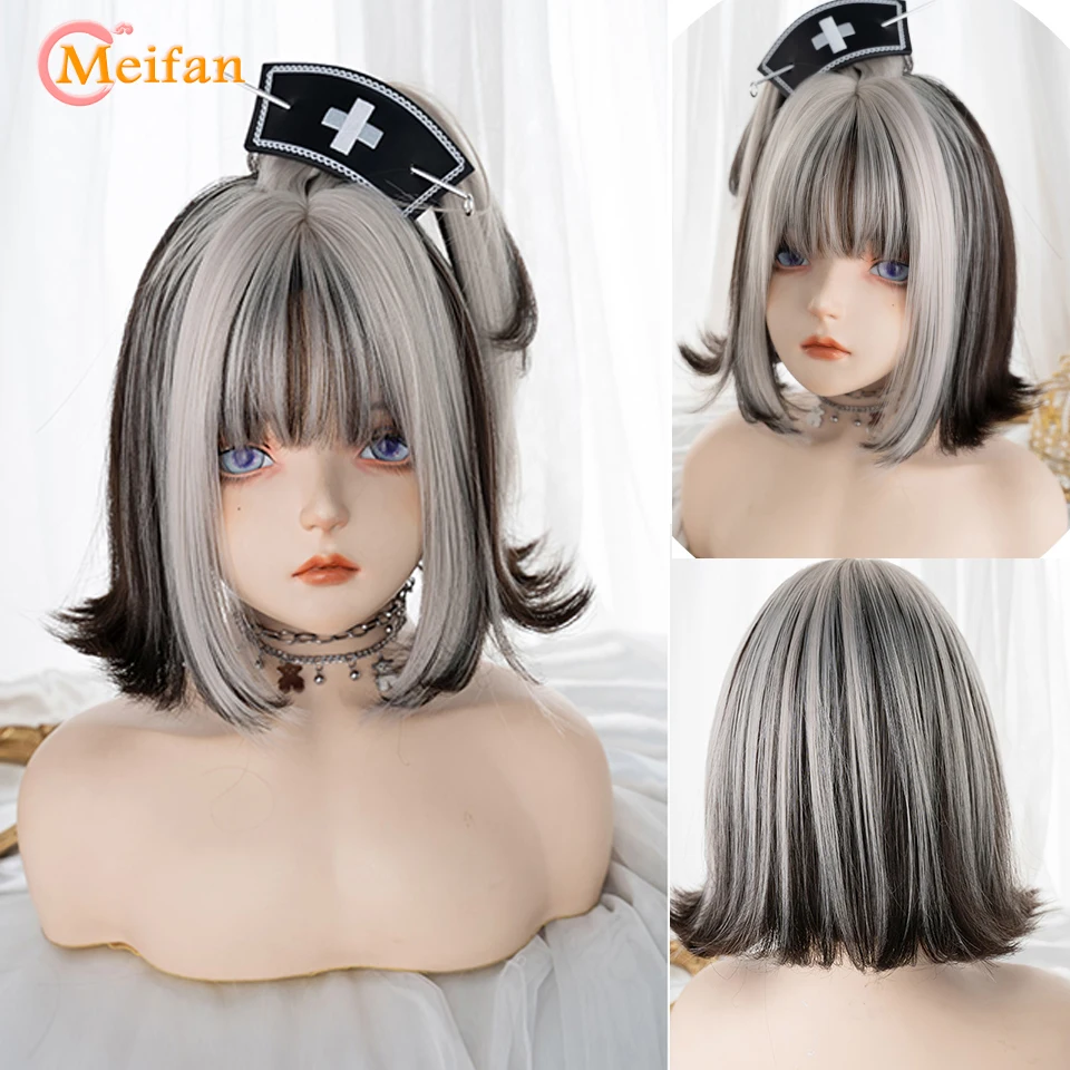 Meifan synthetisch grün schwarz lila mittellange Perücke gerade Lolita Perücken Cosplay Perücken hitze beständiges Haar Anime Party Haar