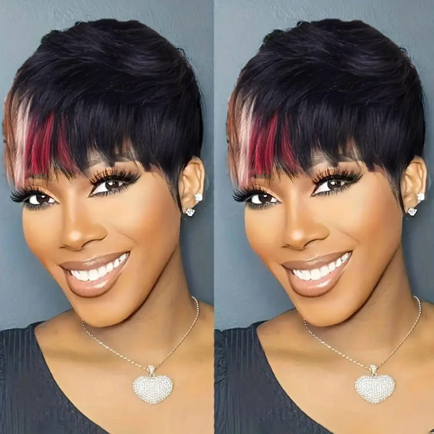 باروكة للاستخدام اليومي للحفلات، باروكة شعر بشري مستقيمة قصيرة مصنوعة آليًا، باروكة بيكسي باللون الأسود والأحمر للنساء، شعر مستعار بقص عابث #3