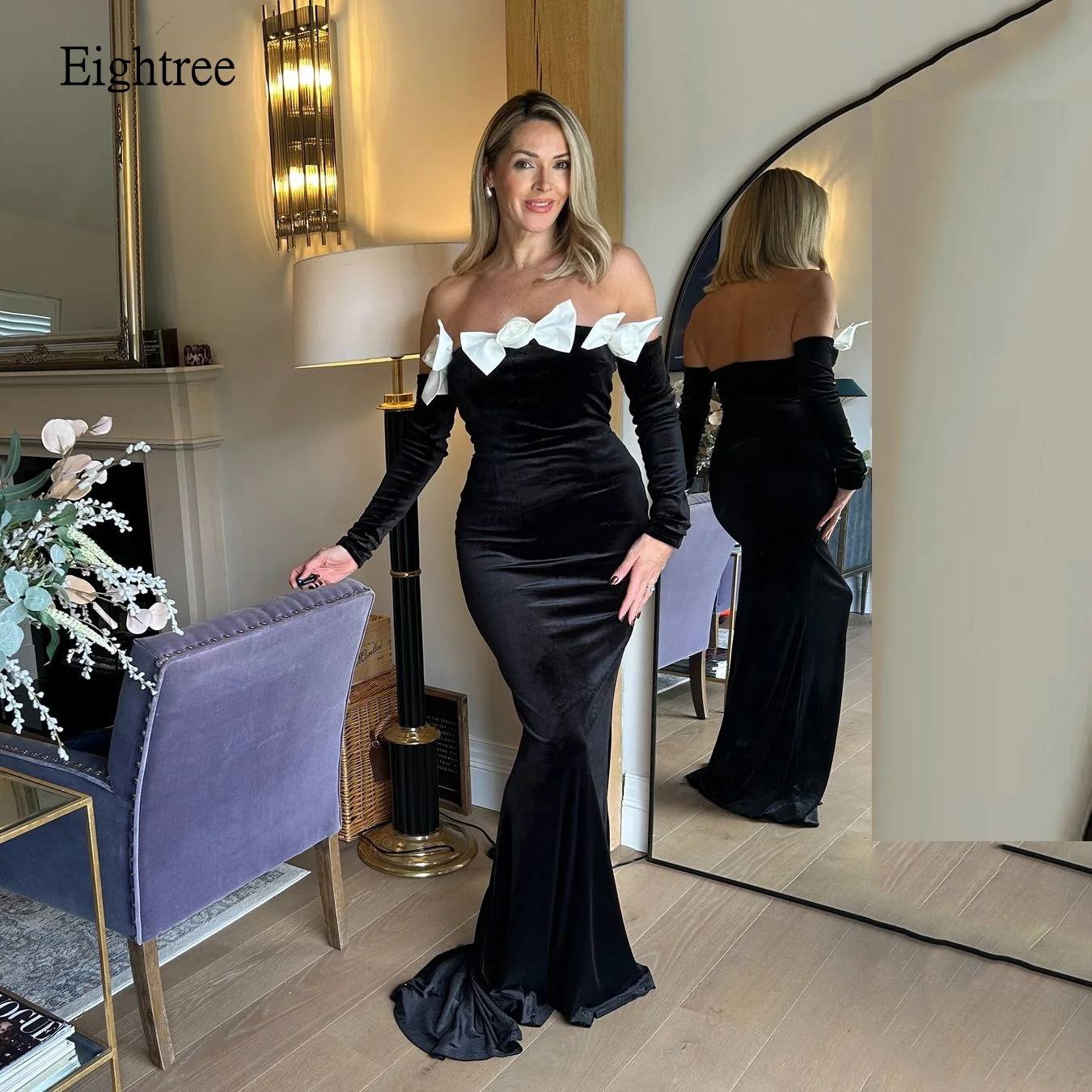 

Eightree Black Mermaid Evening Dresses Off The Shoulder With Bow Prom Gown Full Sleeves Long Formal Party Gowns Customized