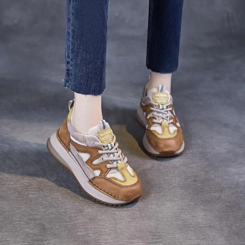 

Women's Retro Color Block Sports Shoes Thick Bottom Real Leather Casual Slip-On Sneakers Anti-Slip round Toe Daily Wear