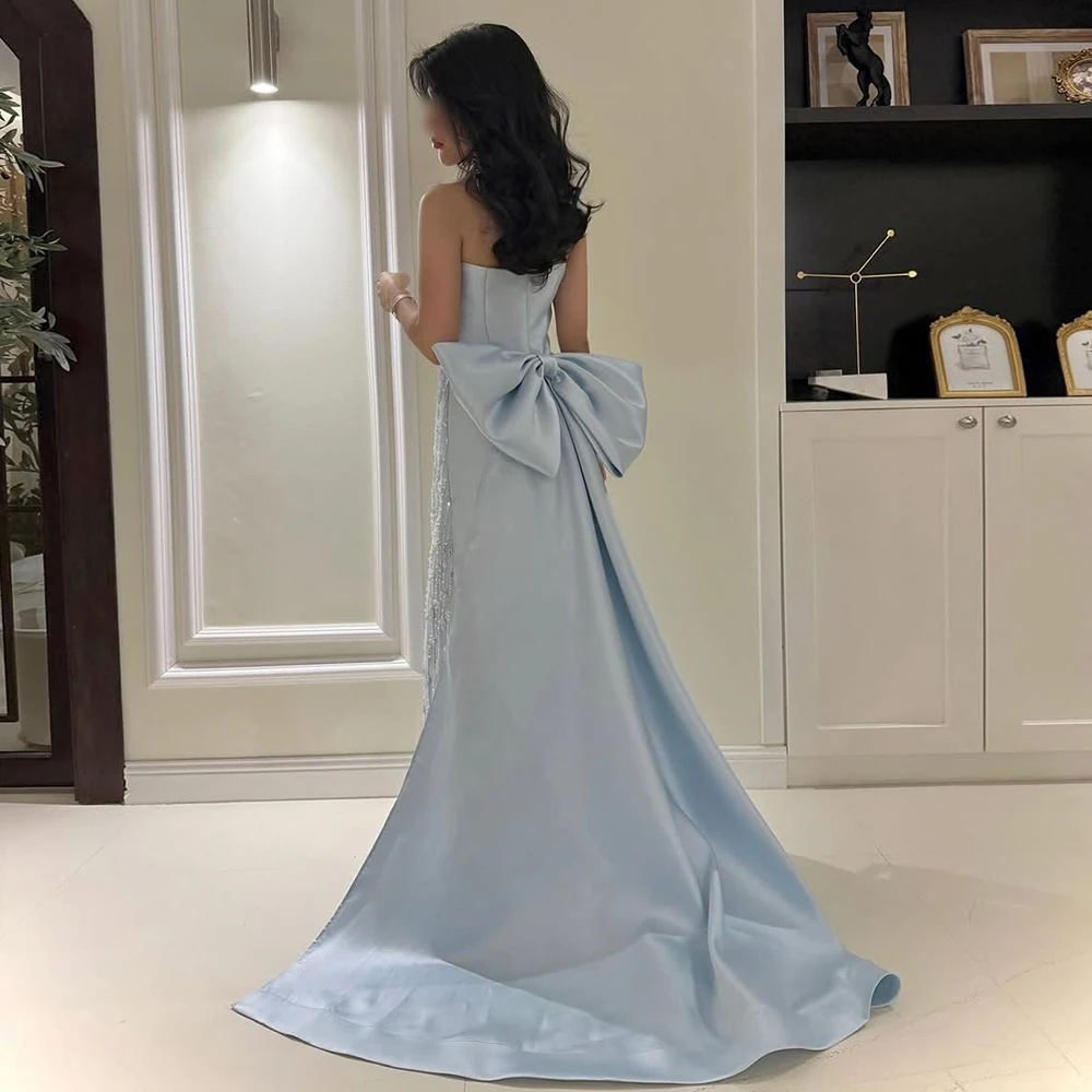 

Elegant Blue Strapless Beaded Evening Dress Dubai Arabia Aline Bow Long Formal Prom Wedding Party Gown for Women 2025 Customized