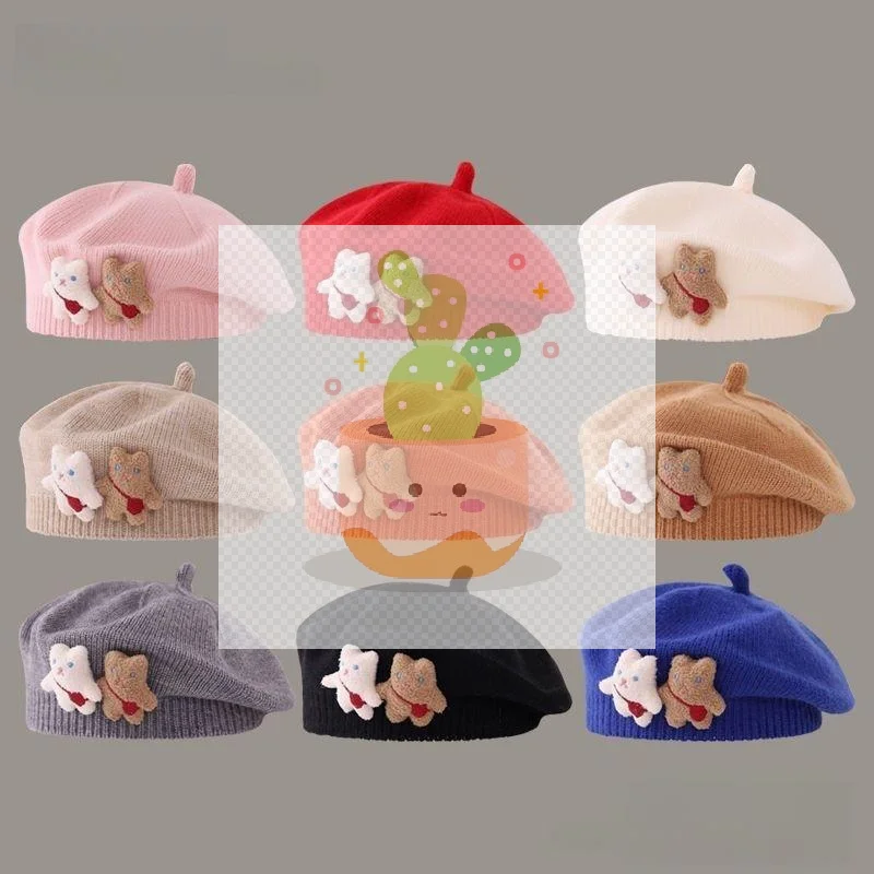 1個入り 可愛いストラップ付きクマさん柄 暖かいビーニーキャップ 無地ニットベビーベレー帽 子供 女の子 秋冬 アーティスト ペインターハット