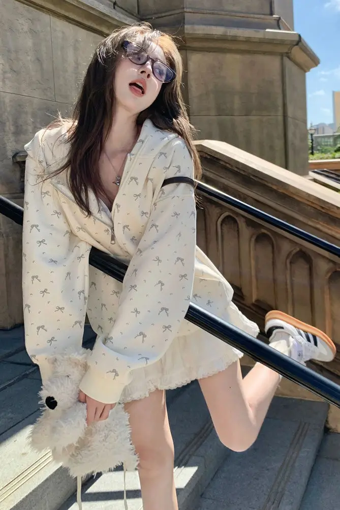 

Gagaok Sweet Bow Printed Sweatshirts Outwear Casual Spring New Hooded Cardigan Coat Gentle Korean Fashion Zipper Hoodies