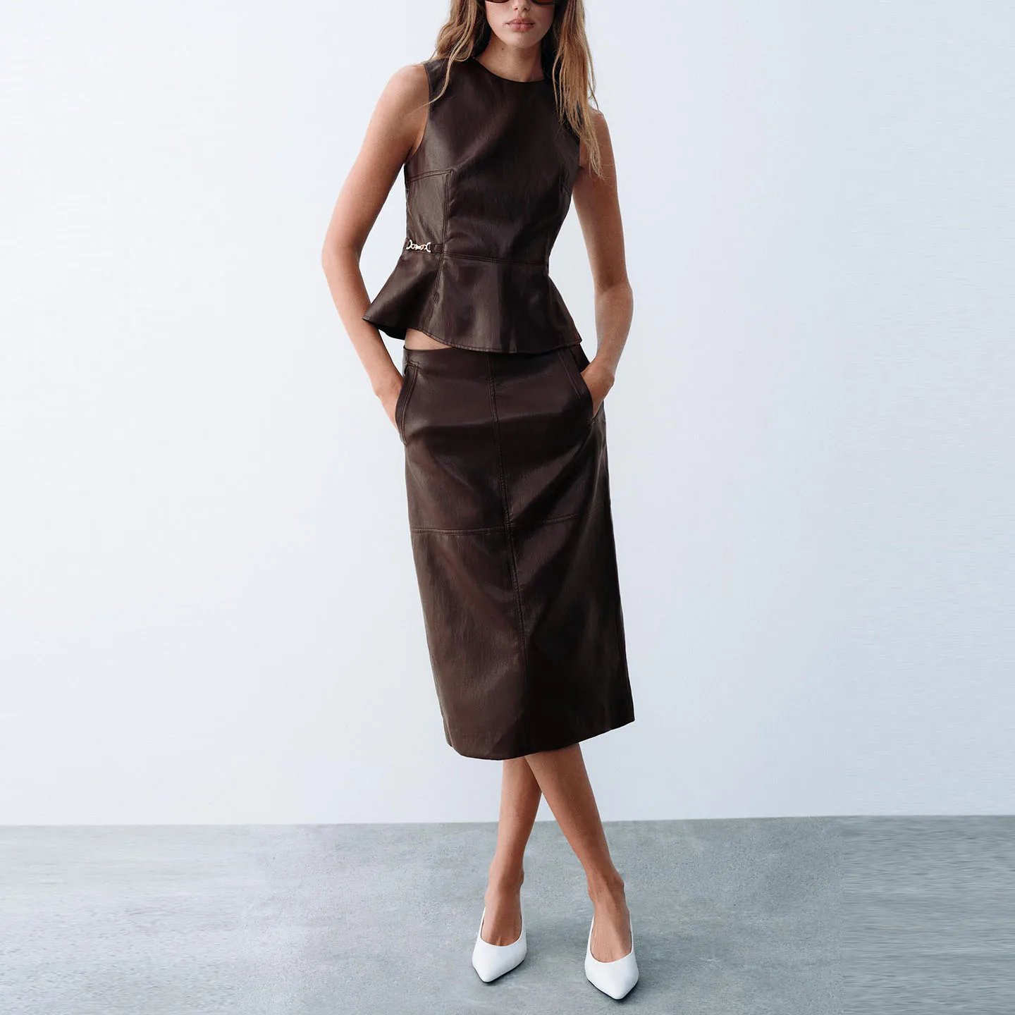 Women's Fashion Sleeveless round Neck Waist-Cinching Effect Top And Split Skirt Two-Piece Set ZADATA Brand Autumn Season