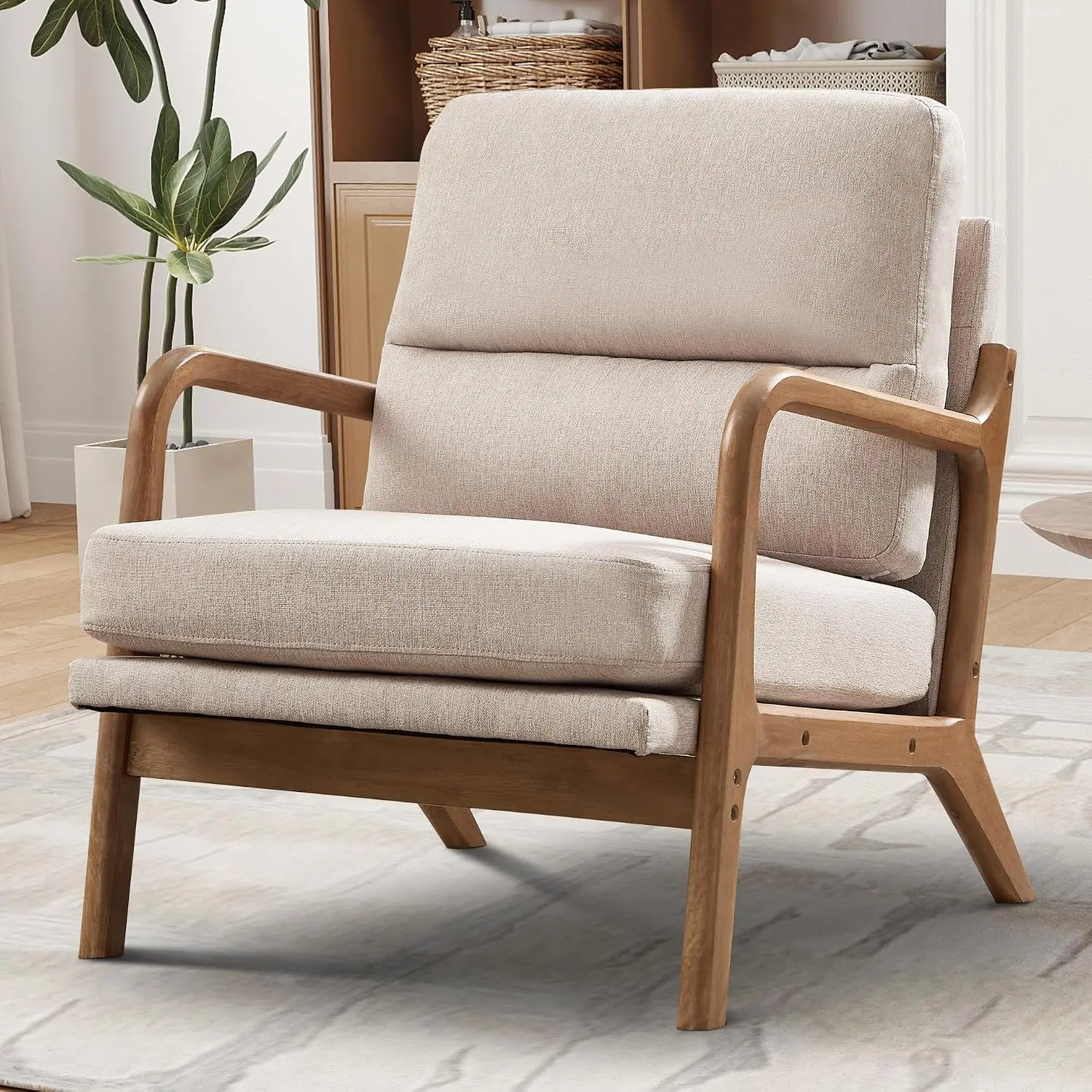 Mid Century Modern Accent Chair, Linen Fabric Upholstered Lounge Armchair with Solid Wood Frame and Soft Cushion for Living