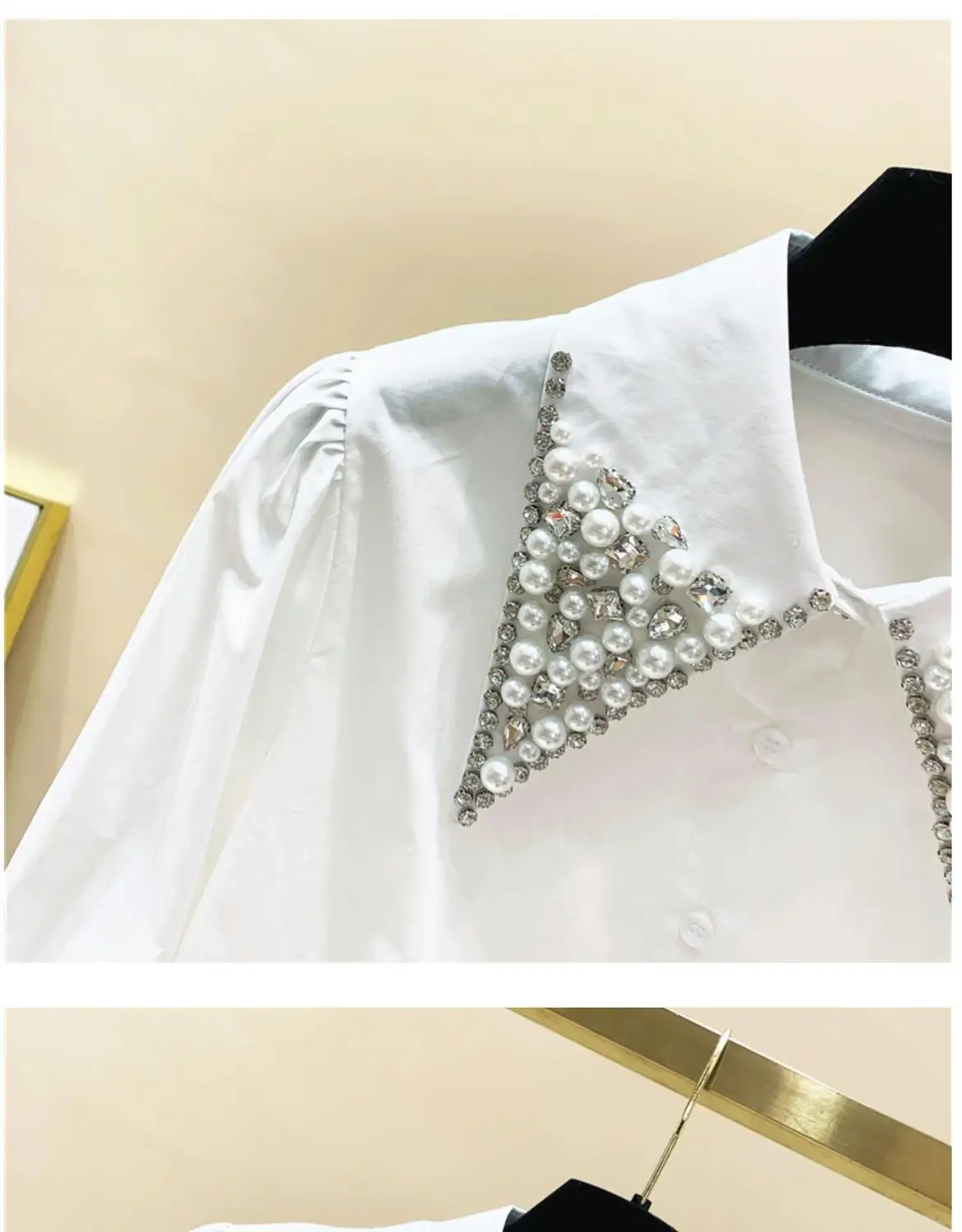 Luxury Embroidered Flares Diamonds Doll Collar Women Spring New Loose Lapel Collar Long Sleeved Solid Color Comfortable Shirt