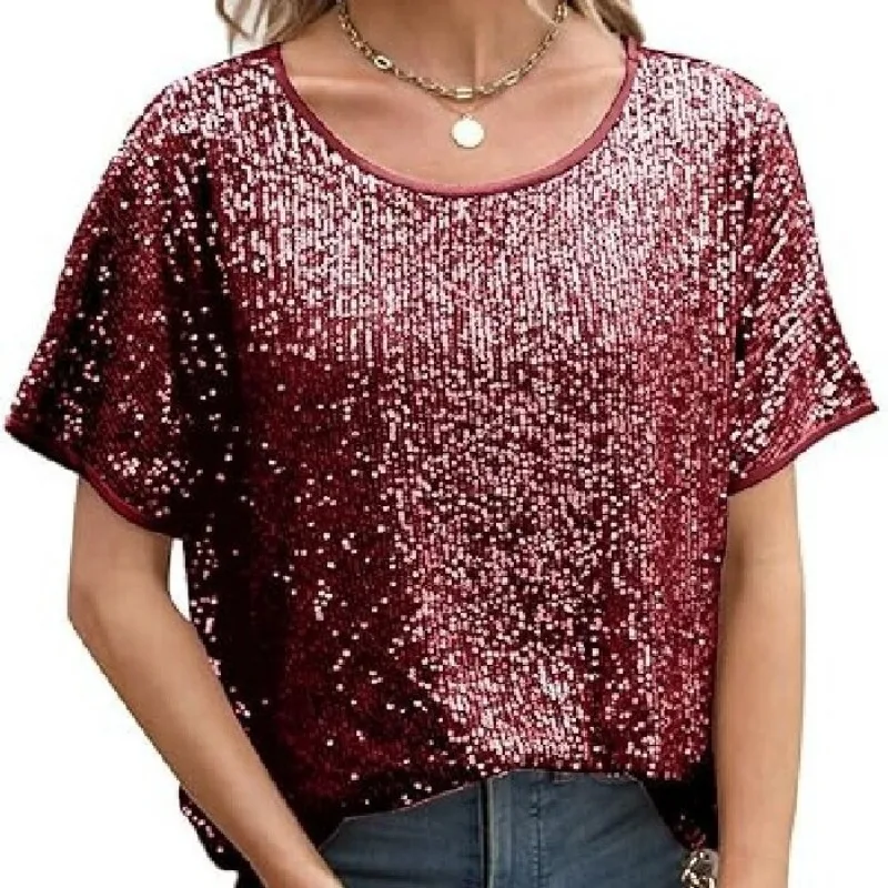 2024 Elegant Elegant New Loose Sequins Shoulder Short Sleeve Casual Sequin Deep V Shirt