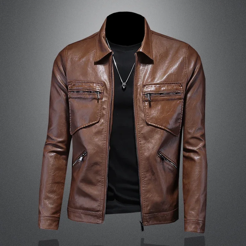 2026 Autumn and Winter New Men's Fashion Handsome Trend Business Leisure Lapel Motorcycle Leather Coat Slim Stylish Man  M-4XL