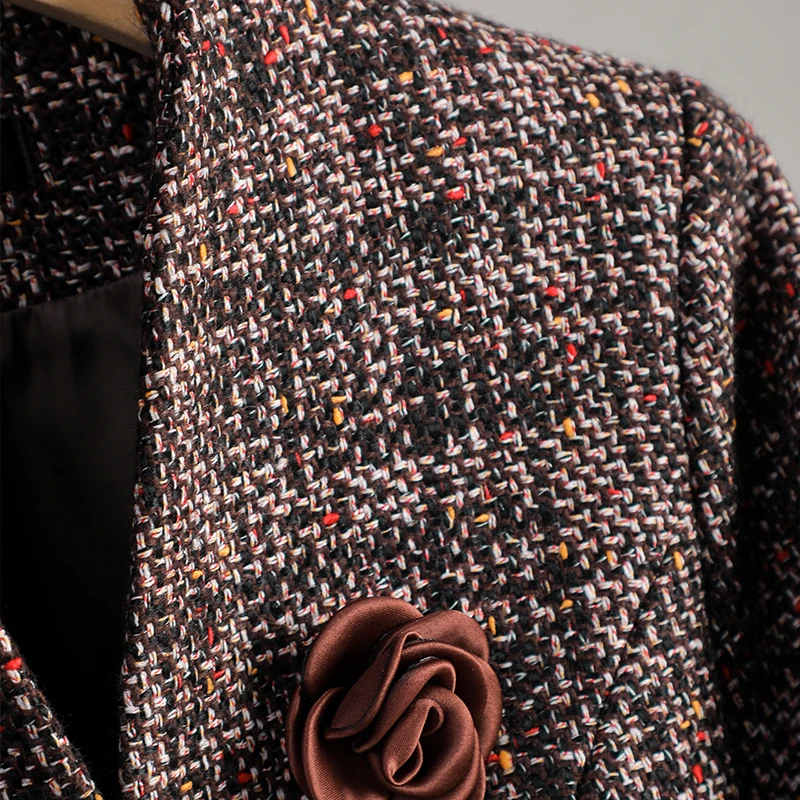 여성용 레트로 다크 브라운 격자 무늬 V넥 긴팔 모직 블레이저 코트, 빈티지 우아한 싱글 단추 상의, 한국 패션, 가을 겨울